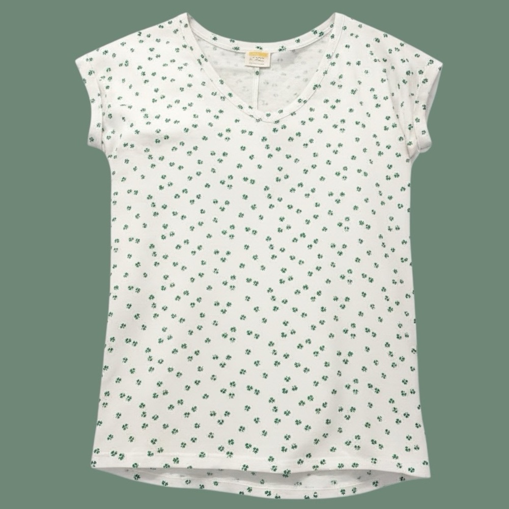 Casual White Top with Green Clover Print